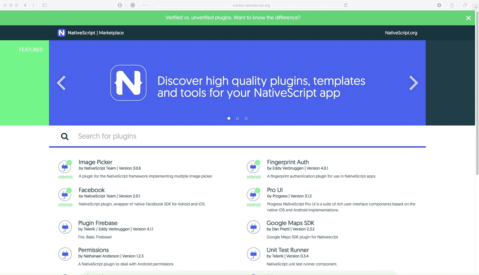 nativescript plugins marketplace instant search