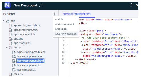 nativescript playground add npm package