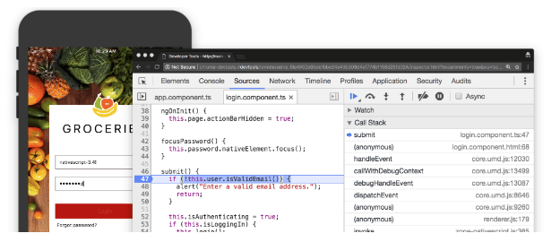 chrome dev tools with nativescript