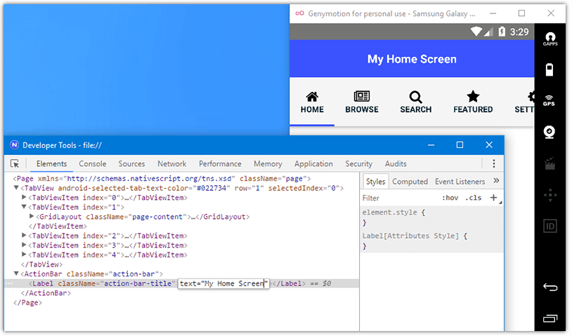 nativescript chrome dev tools