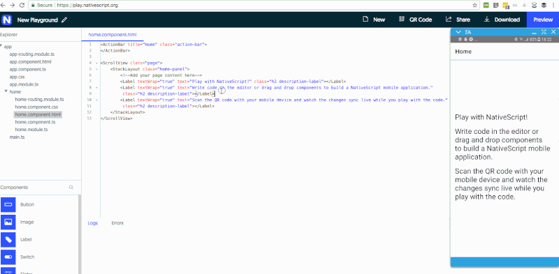 nativescript playground in action