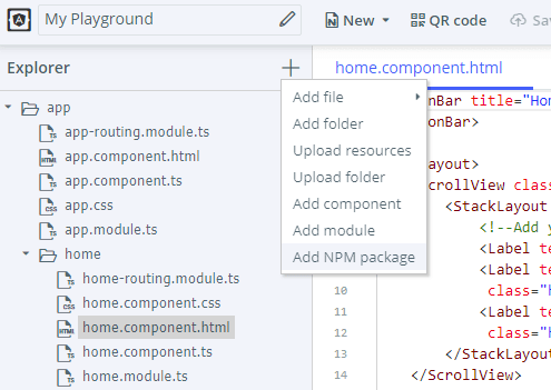 nativescript playground add npm package