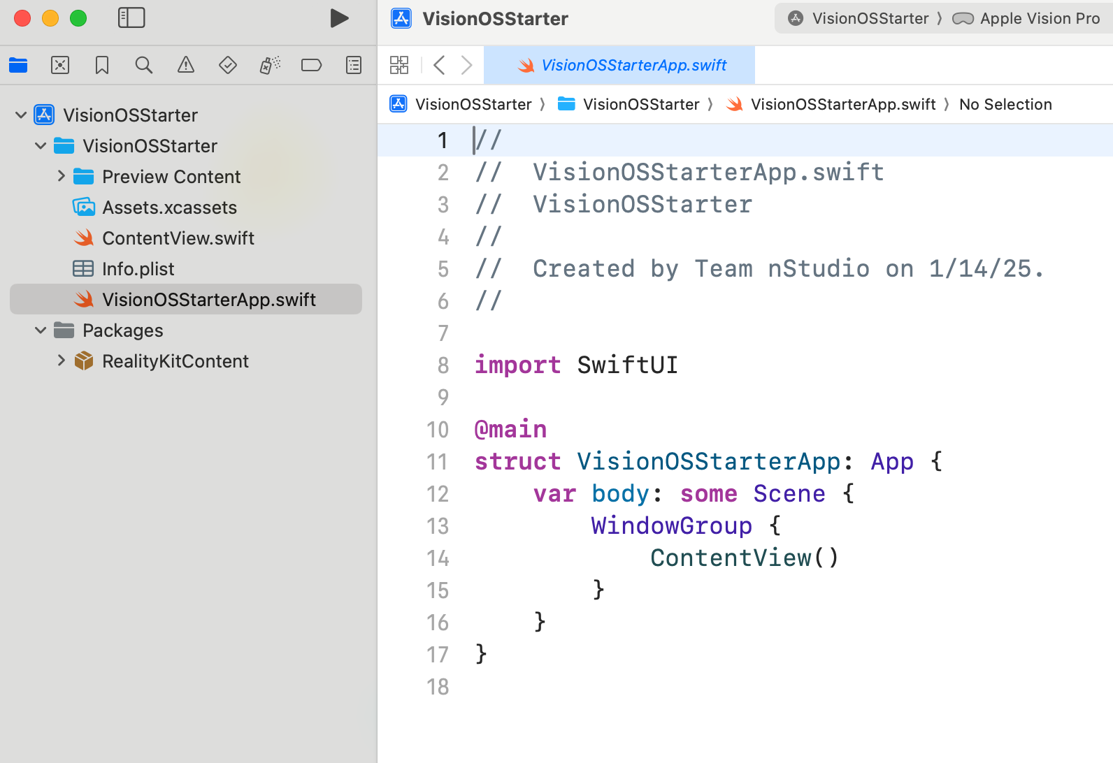 visionOS Xcode starter app protocol