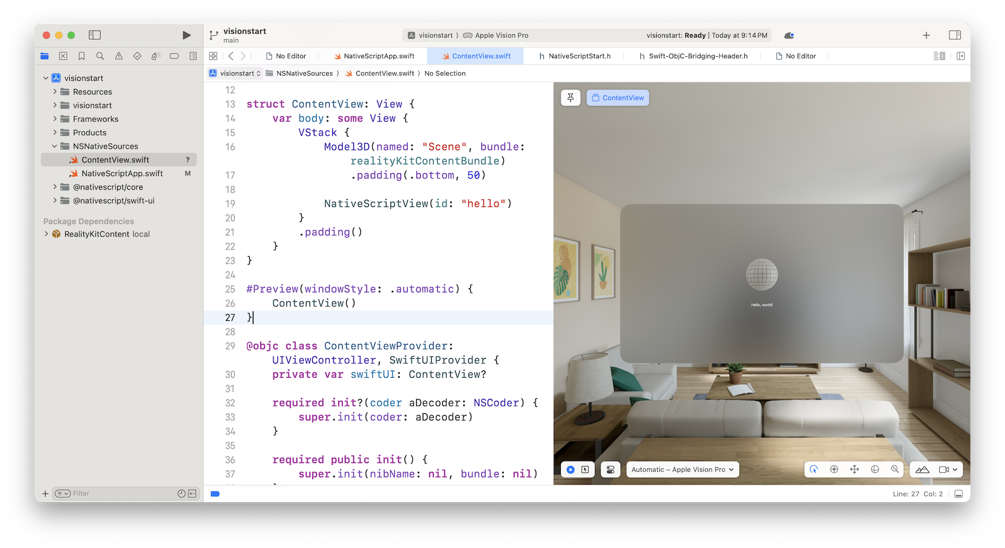 visionOS NativeScript Preview in Xcode